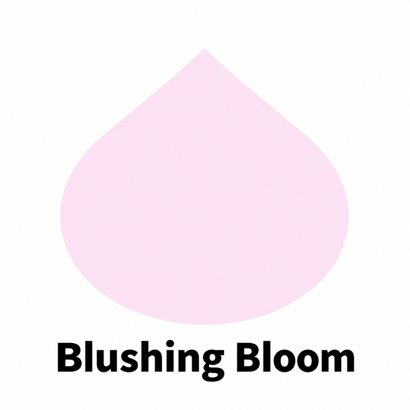 A light pink teardrop-shaped color swatch on a white background with the text 'Blushing Bloom' in black below it.