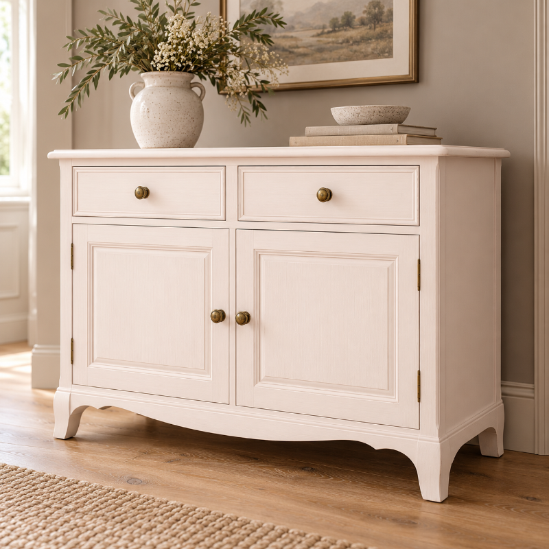An off-white wooden sideboard cabinet with two drawers and two doors, styled in a bright room with a vase of flowers and books on top.