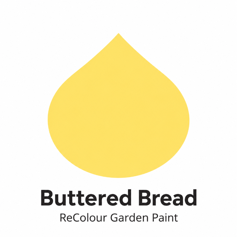 A yellow paint droplet icon above the text 'Buttered Bread' and 'ReColour Garden Paint' on a light gray background.