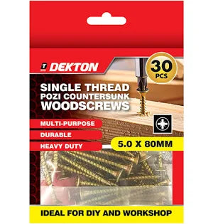 Dekton Single Thread Pozi Countersunk Wood Screws (5.0 x 80mm 30 Pack)
