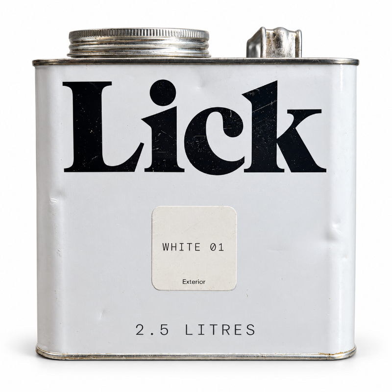 A rectangular metal paint can with a silver lid and a white label reading 'Lick' in large black letters, with a smaller label below that says 'WHITE 01 Exterior' and '2.5 LITRES'.