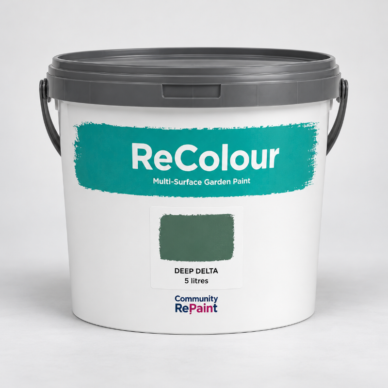 A 5-liter bucket of ReColour Multi-Surface Garden Paint in the shade Deep Delta, featuring a white bucket with a dark gray lid and a teal paint swatch on the front label.