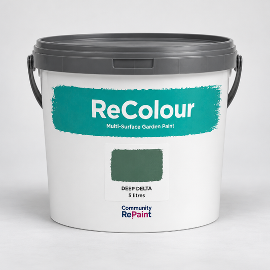 A 5-liter bucket of ReColour Multi-Surface Garden Paint in the shade Deep Delta, featuring a white bucket with a dark gray lid and a teal paint swatch on the front label.