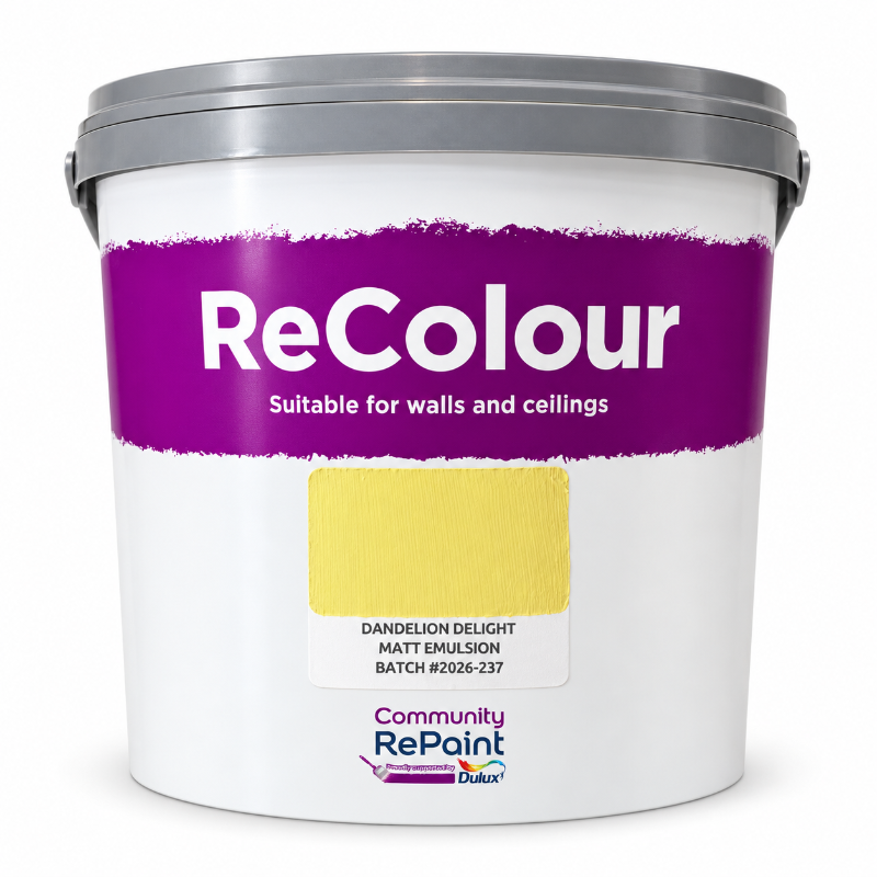 A white plastic paint bucket with a gray lid and a purple label reading 'ReColour'. The label also features a yellow paint swatch and text indicating 'Dandelion Delight Matt Emulsion'.