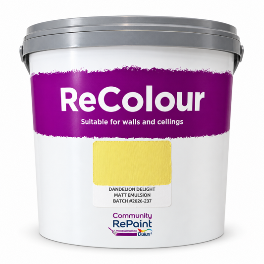 A white plastic paint bucket with a gray lid and a purple label reading 'ReColour'. The label also features a yellow paint swatch and text indicating 'Dandelion Delight Matt Emulsion'.