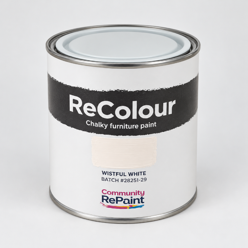 A can of ReColour Chalky furniture paint in the shade Wistful White, showing a light cream-colored paint swatch on the label against a clean white background.