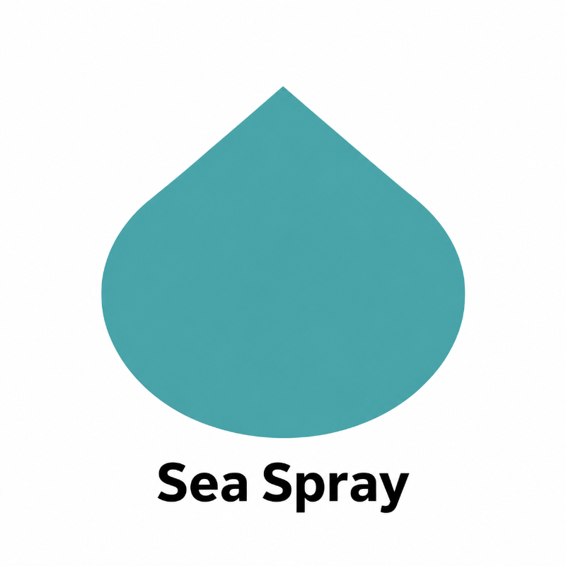 A teal droplet-shaped color swatch with the text 'Sea Spray' underneath on a plain white background.