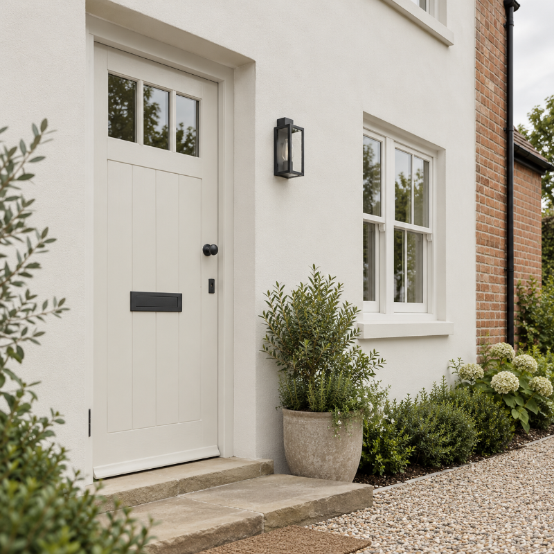 A white single-panel front door with a small window at the top, black letterbox and knob, set in a white stucco house exterior with a potted plant and garden beds.