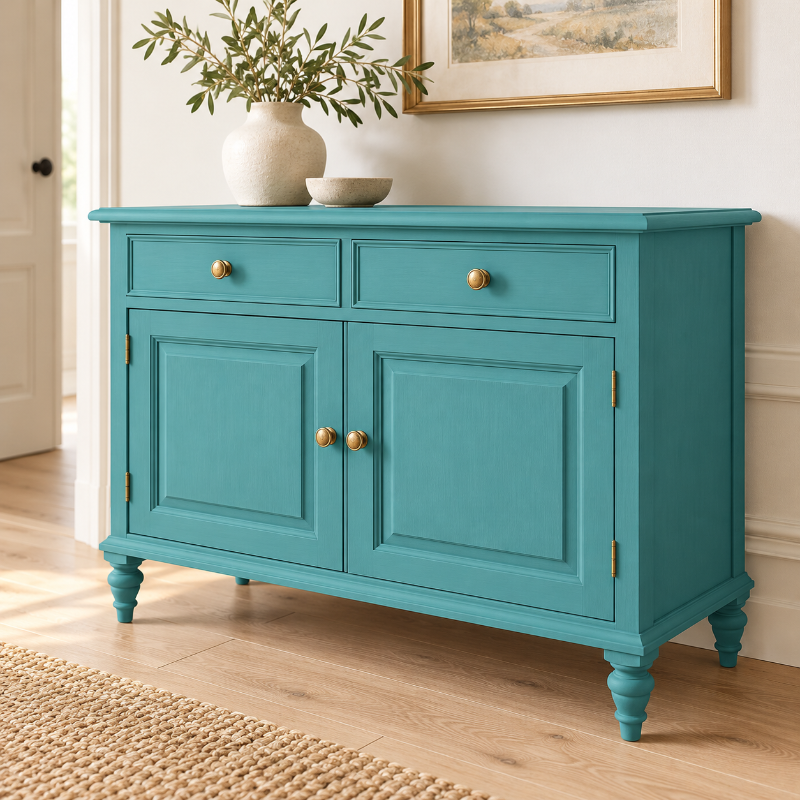A turquoise sideboard cabinet with two drawers and two paneled doors, accented with small gold knobs and brass hinges, shown in a bright room with a vase and framed art on top.