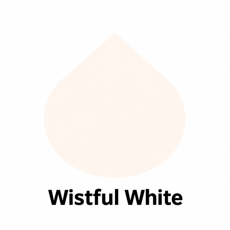 A color swatch graphic showing a pale warm off-white teardrop shape above the text 'Wistful White' on a white background.