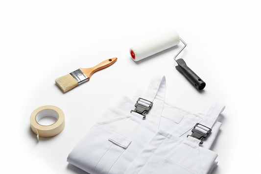 Paint brush, Roller, Overalls, masking tape, in white background 
