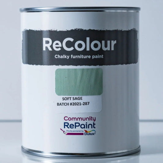 A can of ReColour Chalky furniture paint in the Soft Sage colorway, showing a metallic silver can with a white label and a sage green color swatch.